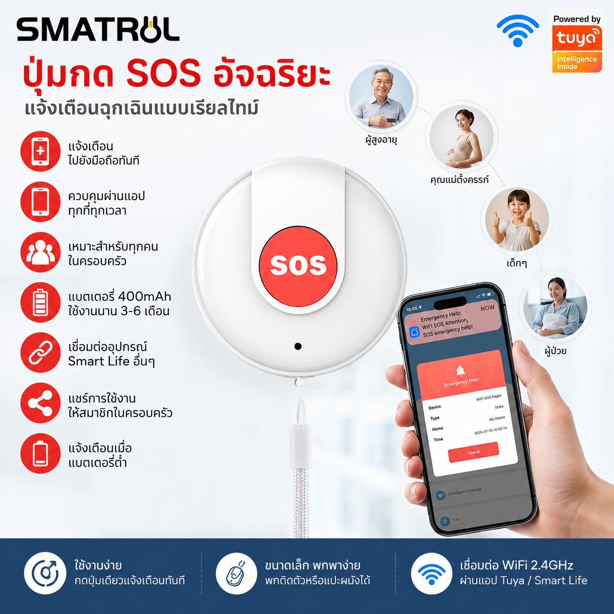 Smatrul Tuya Wifi Smart Sos Button Wireless Emergency Call Button for Caregivers Phone Alert Transmitter Emergency Help Button for Children, the Elderly, Patients, and Pregnant Women. ราคา 263 บาท*ส่งฟรี