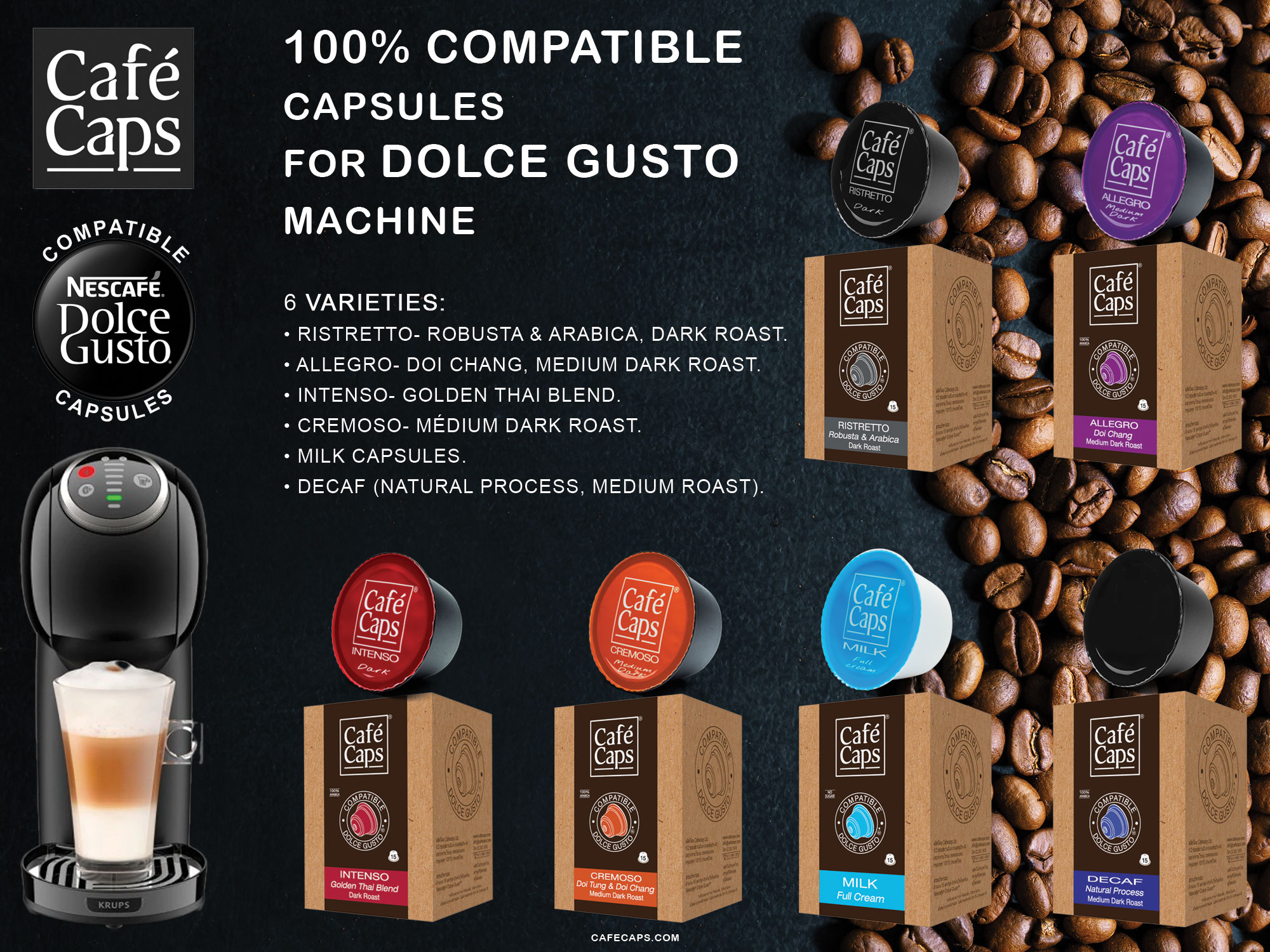 ภาพอธิบายเพิ่มเติมของ Cafecaps - Coffee Dolce Gusto MIX Compatible capsules of Milk (2 Box X15 แคปซูล) & Cremoso (2 กล่อง X15 แคปซูล) รวม 60 แคปซูล - Dolce Gusto Coffee capsule compatible แคปซูลกาแฟที่ กาแฟสไตล์อิตาเลียนทั่วไป ส่วนผสมของโรบัสต้าและอาราบิก้า