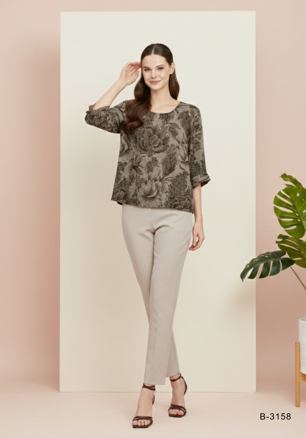 เสื้อเชิ้ตผู้หญิง เสื้อทำงานแฟชั่นเรียบหรู MIKIKO Blouse Mi-B3158 ผ้าชีฟองพิมพ์ลายแขนยาว Igpu26-3