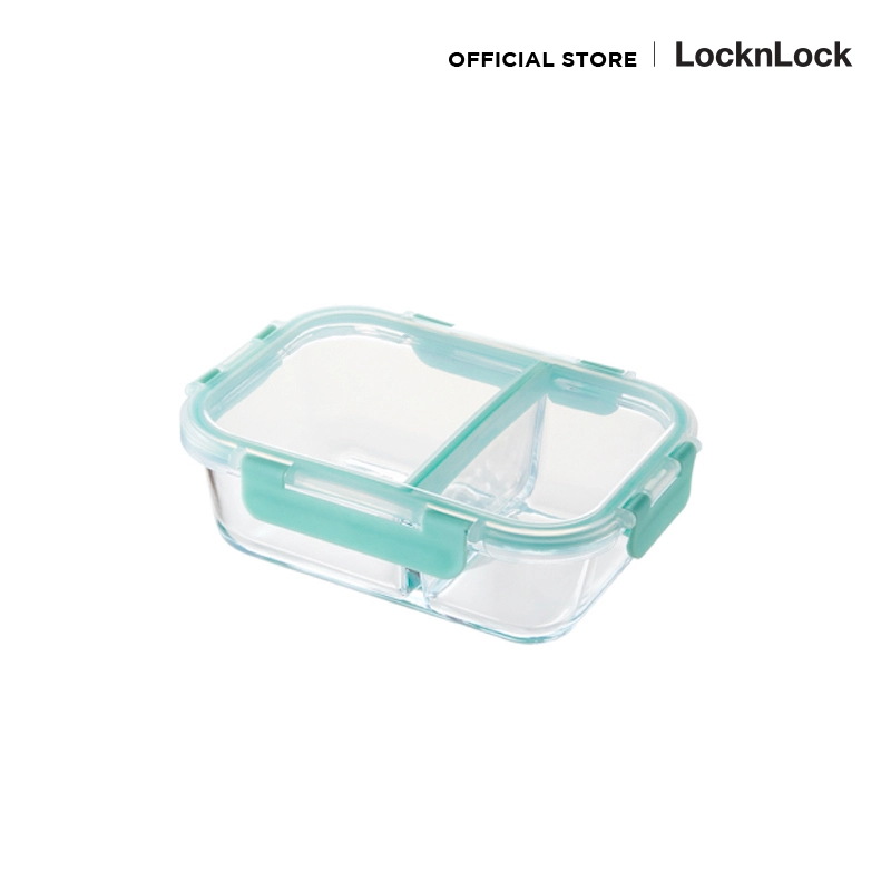 ราคาและรีวิวLock&Lock Oven Glass Divider Container Rectangular 860ML (2 compartments) Mint LLG457