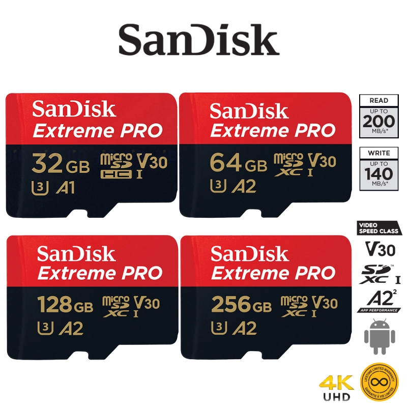 ภาพหน้าปกสินค้าSanDisk Extreme Pro Micro SD Card SDHC 32GB SDXC 64GB 128GB 256GB 512 GB 1TB Speed R/W 200/140MB/s (SDSQXCD) เมมโมรี่ การ์ด Gopro8 Gopro9 Drone