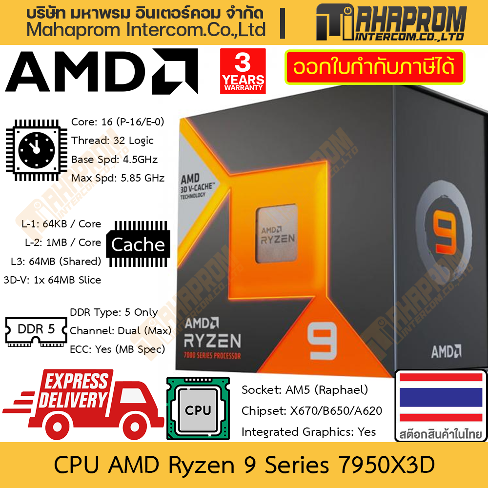 CPU AMD Ryzen 9 7950X3D / 7950X AM5 (Raphael) | 16 Cores 32 Threads | Clock 4.2 - 5.7 GHz สินค้ามีประกัน ราคา 28,090 บาท*ส่งฟรี