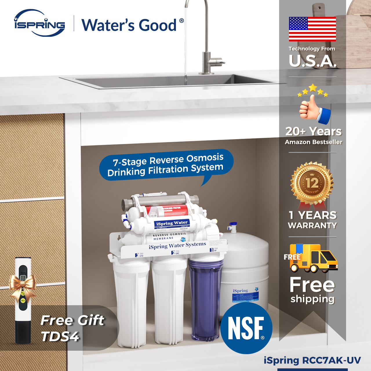iSpring RCC7AK-UV NSF Certified 7-Stage Under Sink Reverse Osmosis Water Filtration System with Alkaline Remineralization and UV Filter Patented Top-Mounted Faucet Drinking Water Filter ราคา 10,499 บาท*ส่งฟรี