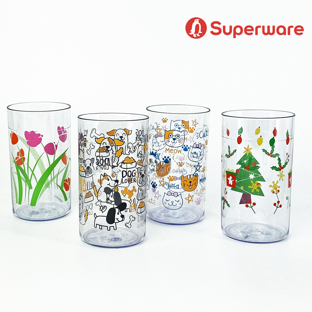 Srithai superware plastic water cup beer mug coffee mug clear color cat dog flower 250 ml. / 10 oz. C-56 version ราคา 39 บาท*ส่งฟรี