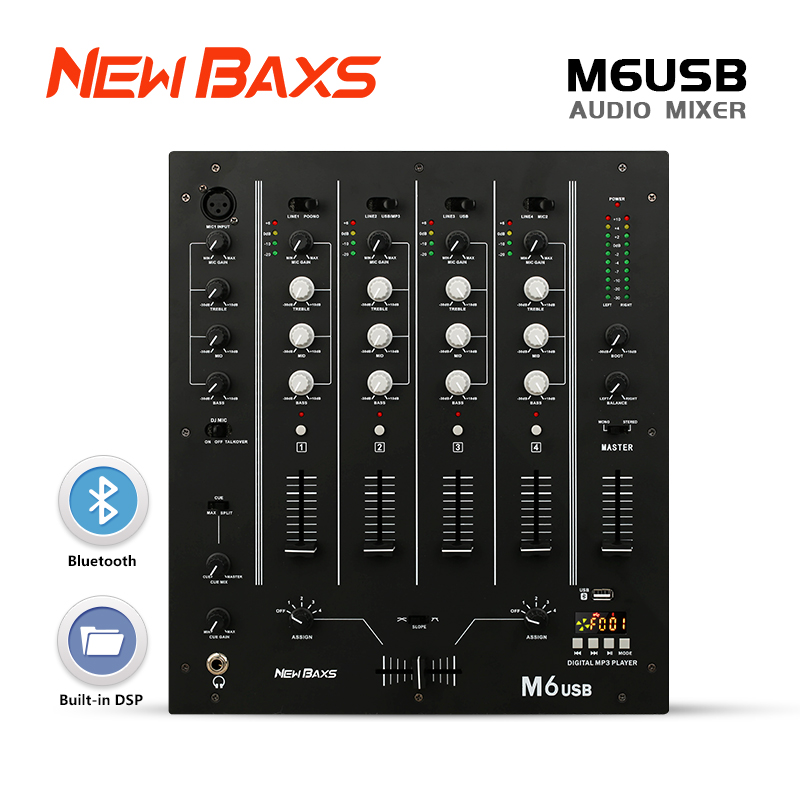 NewBaxs M6usb professional sound mixer 4 channel high volume and bass with echo effect Bluetooth USB MP3 KTV DJ karaoke ราคา 2,349 บาท*ส่งฟรี