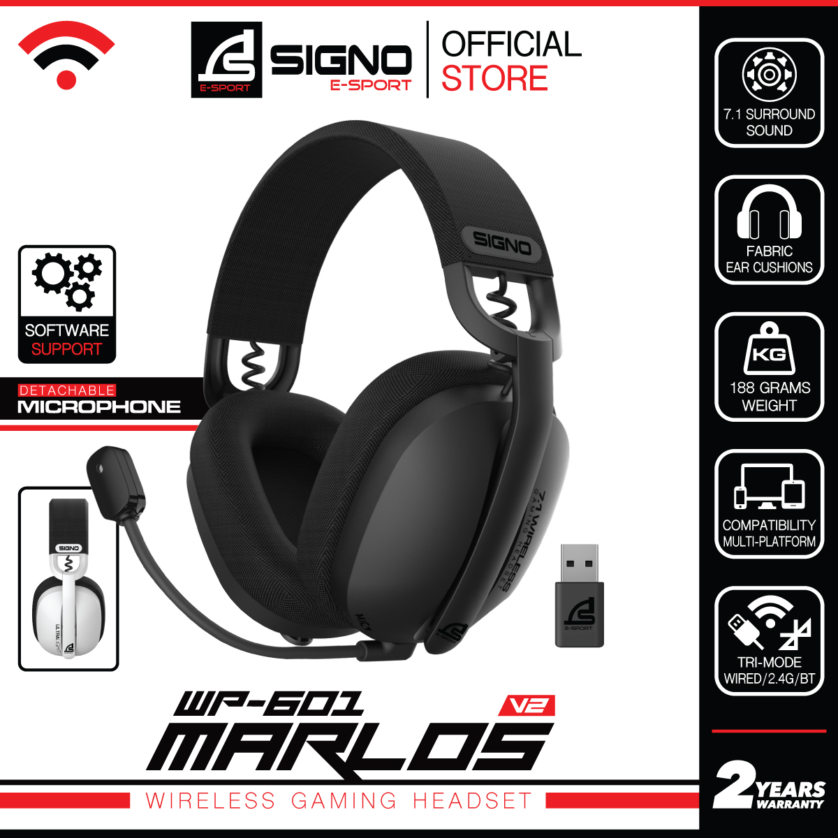 SIGNO E-Sport 7.1 Wireless Gaming Headset MARLOS รุ่น WP-601 V2 (Gaming Headset)
