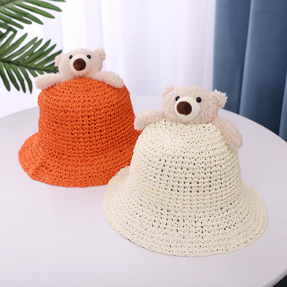 SHEBE น่ารักสามมิติเด็กเกาหลี Ultraviolet-Proof ฟางฤดูร้อนทอผ้าหมวกหมีหมวกทรงบักเก็ตหมวกบังแดด