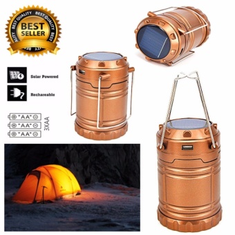 ราคา โคมไฟเดินป่า โคมไฟโซล่าเซลล์ ชาร์จไฟบ้านและใช้ถ่านได้ Solar Rechargeable 6-LED Lantern Light - Gold GT0018
