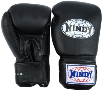 2561 Windy นวมมวยไทยวินดี้ สปอร์ต เมจิคเทป หนังแท้ สีดำ 12 ออน - Windy Sports Gloves BGVH Muay Thai Kickboxing Black - 12 oz
