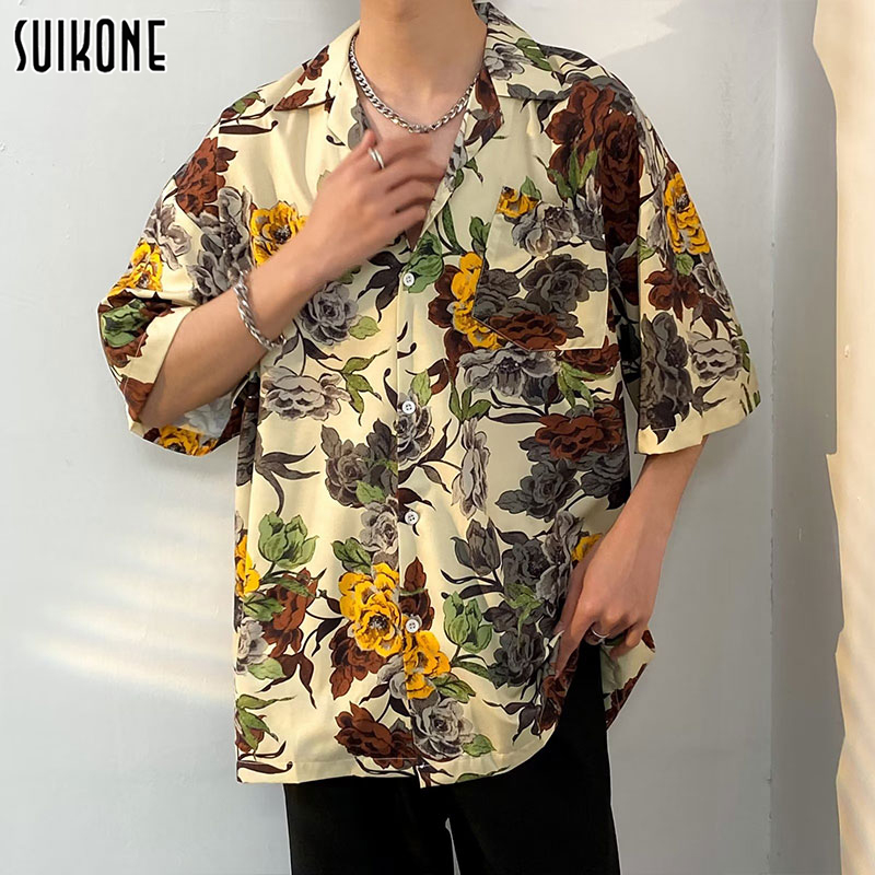 Suikone Men's retro vintage style high-end beach shirt V-neck vacation style short-sleeved casual shirt - ยี่ห้อ Suikone ราคา 161 บาท*ส่งฟรี