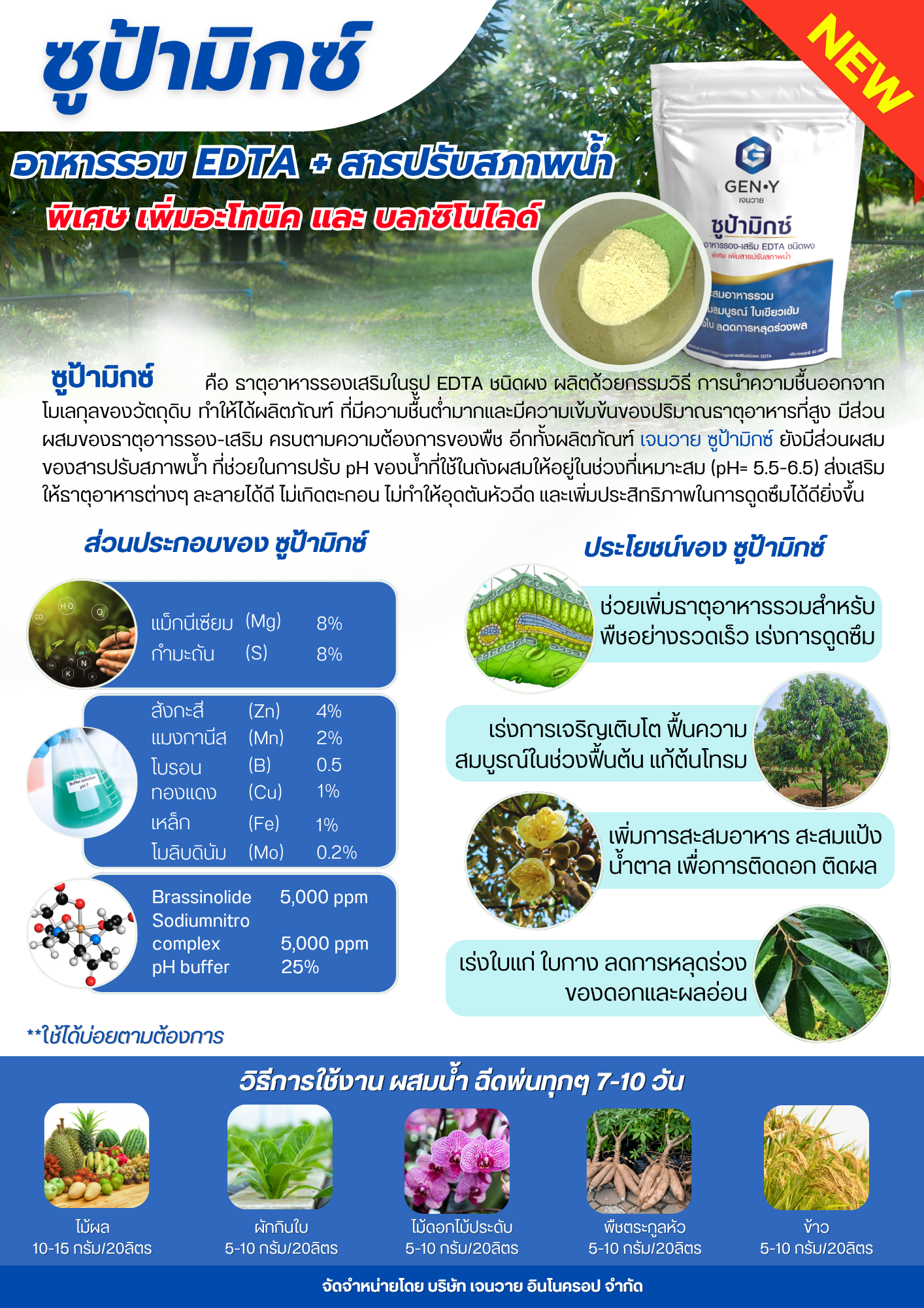เจนวายซูป้ามิกซ์ (ธาตุอาหารรวมคีเลท EDTA ชนิดผง) ขนาด 1 กิโลกรัม พิเศษเพิ่มสารปรับสภาพน้ำครบจบ เพิ่มการสะสมธาตุอาหารรวม ลำต้น ใบ ดอก ผล สมบูรณ์ ใบเขียวหนาใหญ่ เร่งใบแก่ ใบกางไว ราคา 690 บาท*ส่งฟรี