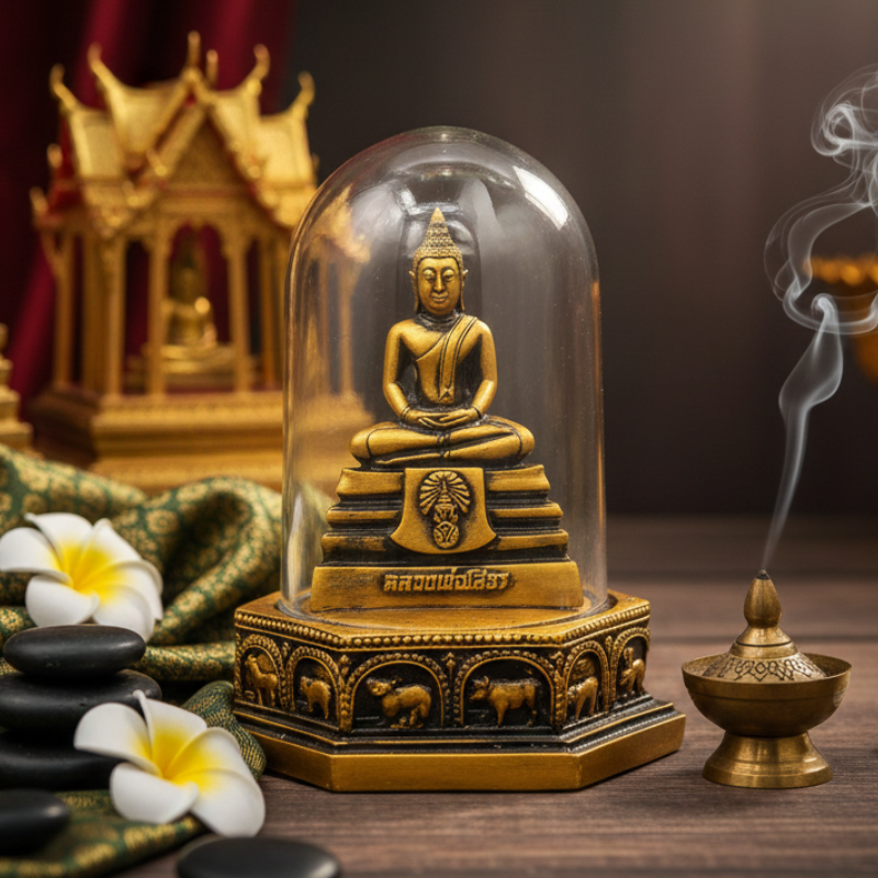Reverend Pho Sothaw, an Amulet for the 12 Zodiac Signs, 12 Astrological Signs, Displayed in Front of the Car, the Buddha Sitting in Front of the Car, Reverend Pho Sothaw Covered with Glass, the Object of Worship, Safe from All Kinds of Danger.