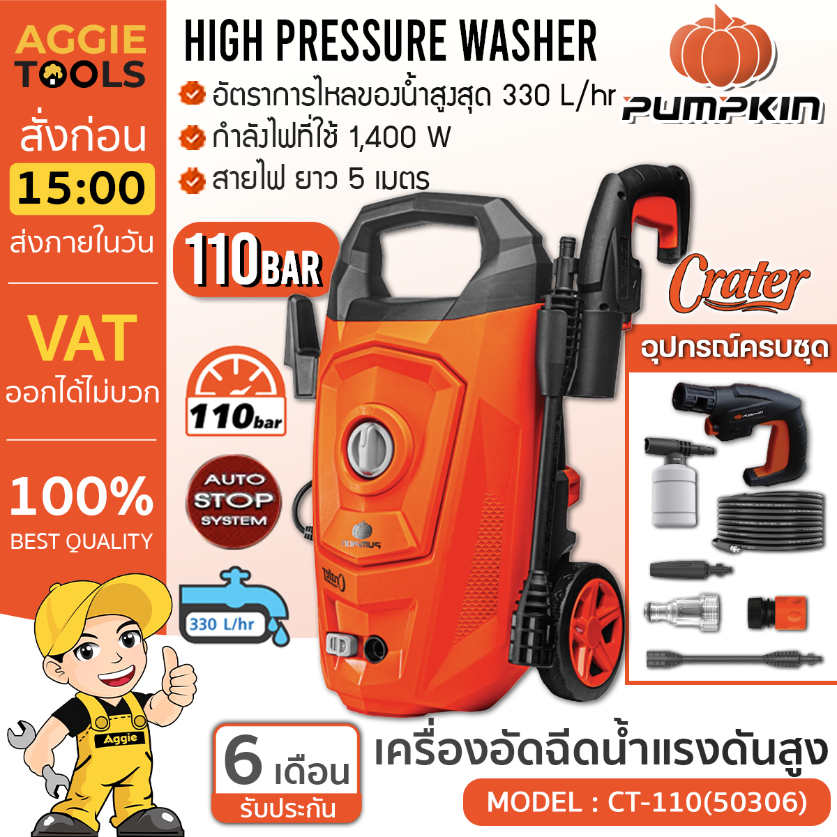 Pumpkin Injection Machine Model Ct-110 (50306) High Pressure Washer 110 Bar 1,400 Watts with Handle ราคา 2,230 บาท*ส่งฟรี