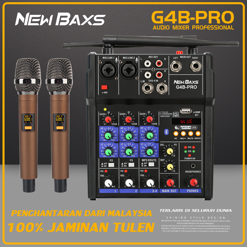 NewBaxs G4B-PRO professional audio mixer 4 channel with UHF wireless microphone, 2 handheld microphone, support bluetooth/usb/pc/ MP3, Phanto power input ราคา 1,575 บาท*ส่งฟรี