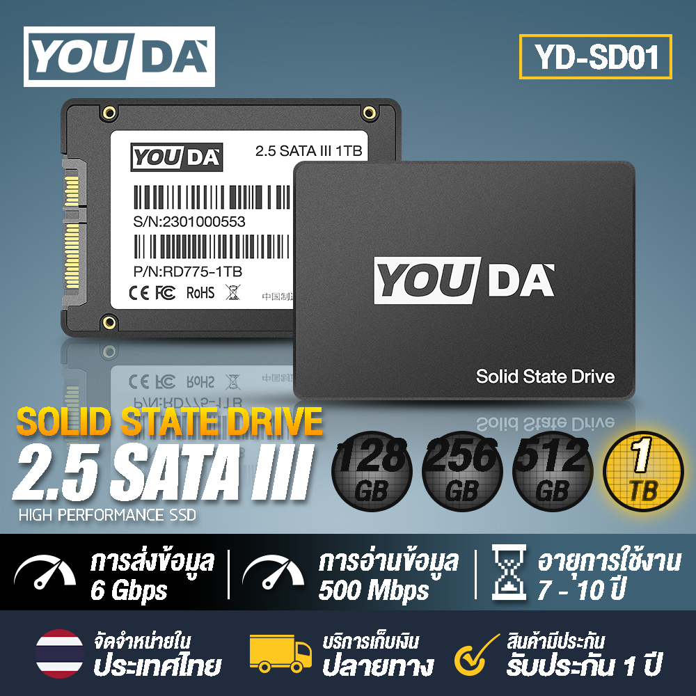 YOUDA SSD SATA3 2.5inch YD-SD01 There are 128GB/256GB/512GB/1TB for choice SSD SATA III 2.5” Computer accessories SATA3 2.5" for notebooks and desktop computers ราคา 1,459 บาท*ส่งฟรี