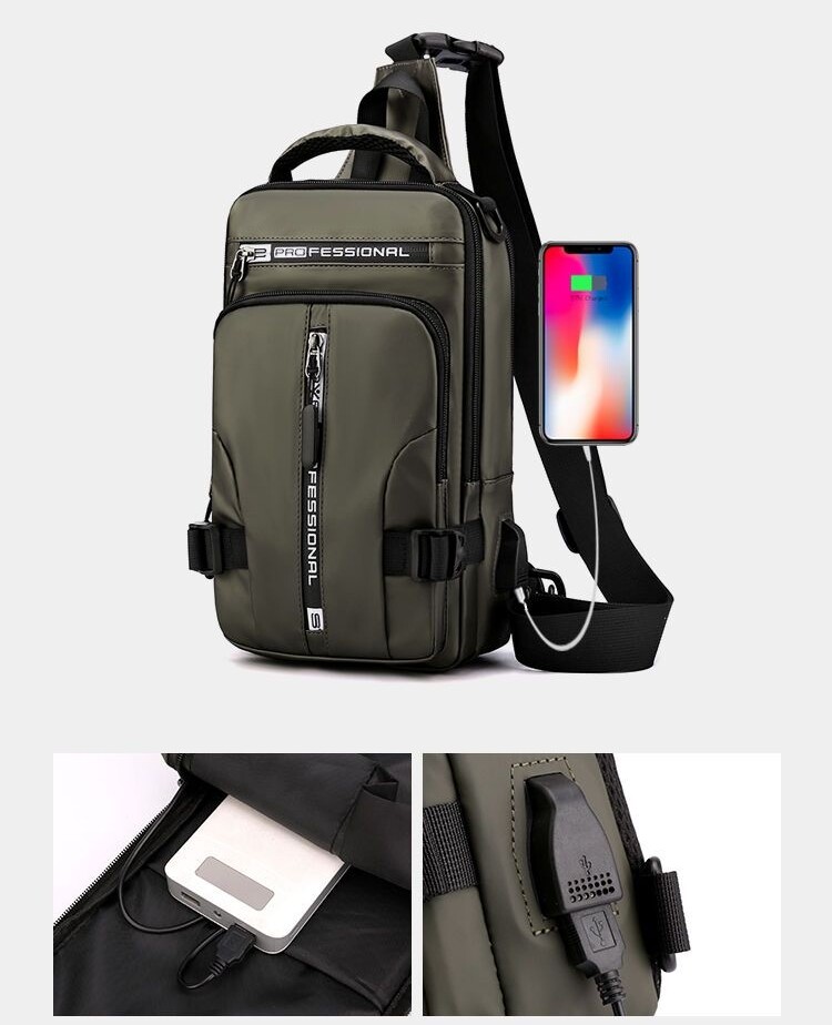 ข้อมูลเกี่ยวกับ พร้อมส่ง🚚 กระเป๋าคาดอก กระเป๋าผู้ชายสะพายข้างพาดลำตัว ผ้ากันน้ำ มีช่อง USB สำหรับชาร์จแบตมือถือ
