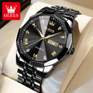 สินค้า OLEVS นาฬิกากันน้ำผู้ชายแบรนด์เนมออริจินอล2023แฟชันหรูหราปฏิทินคู่นาฬิกาสแตนเลสหน้าปัดเพชรปริซึม