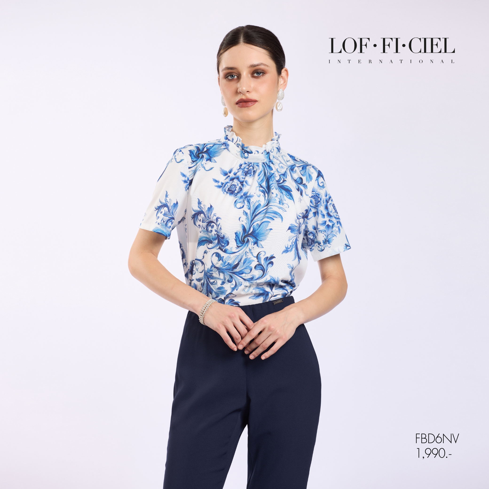 Lof-Fi-Ciel Woman's Blouse Imperial Women's Shirt, Stand-Up Collar, Short Sleeves, Blue Fbd6Nv ราคา 1,907 บาท*ส่งฟรี