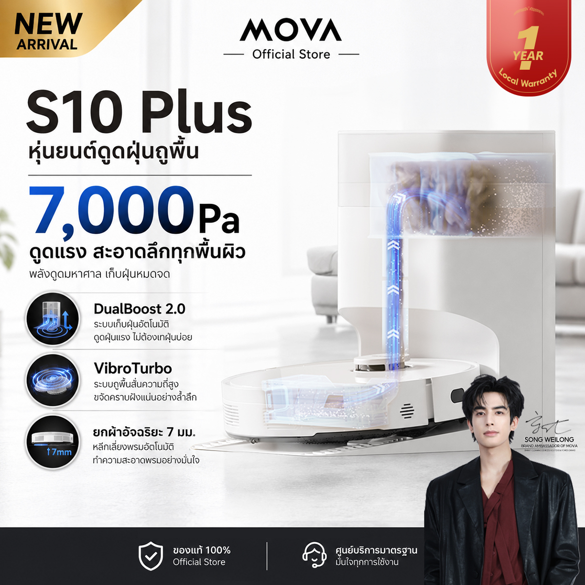 Mova S10 Plus Vacuum Cleaning Robot, 7000Pa, Intelligent Dust Collection Station 90 Days Without Emptying Powerful Vibration Mop, Mop Lift, 1 Year Warranty ราคา 7,299 บาท*ส่งฟรี