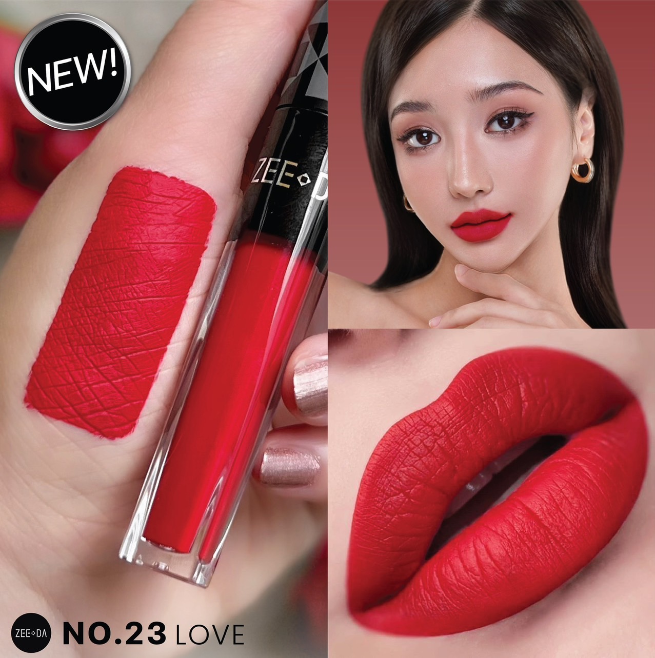 ผลิตภัณฑ์ความงามและการดูแลผิว Zeeda lip matte #23 love สีแดงสด แบบแดงสว่าง ทาได้กับทุกโทนสีผิว ติดทน กันน้ำ้ ไม่แห้ง ไม่ตกร่อง