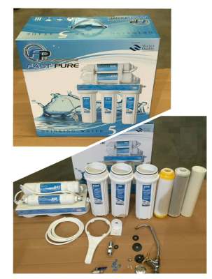 FAST PURE เครื่องกรอง เครื่องกรองน้ำ 5 ขั้นตอน  พร้อม ไส้กรอง  ไส้กรองน้ำ และอุปกรณ์ ก็อก ฉาก สาย ตัวแปลง ด้ามขัน สกรู ปุ๊ก