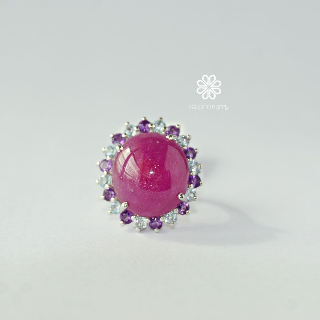 Rosen'marry/แหวนทับทิมแท้ล้อมอเมทิสและโทปาสแท้ 20 กะรัต ตัวเรือนเงินแท้925ชุบทองคำขาว ไซส53 พร้อมกล่อง BR018 ราคา 4,200 บาท*ส่งฟรี