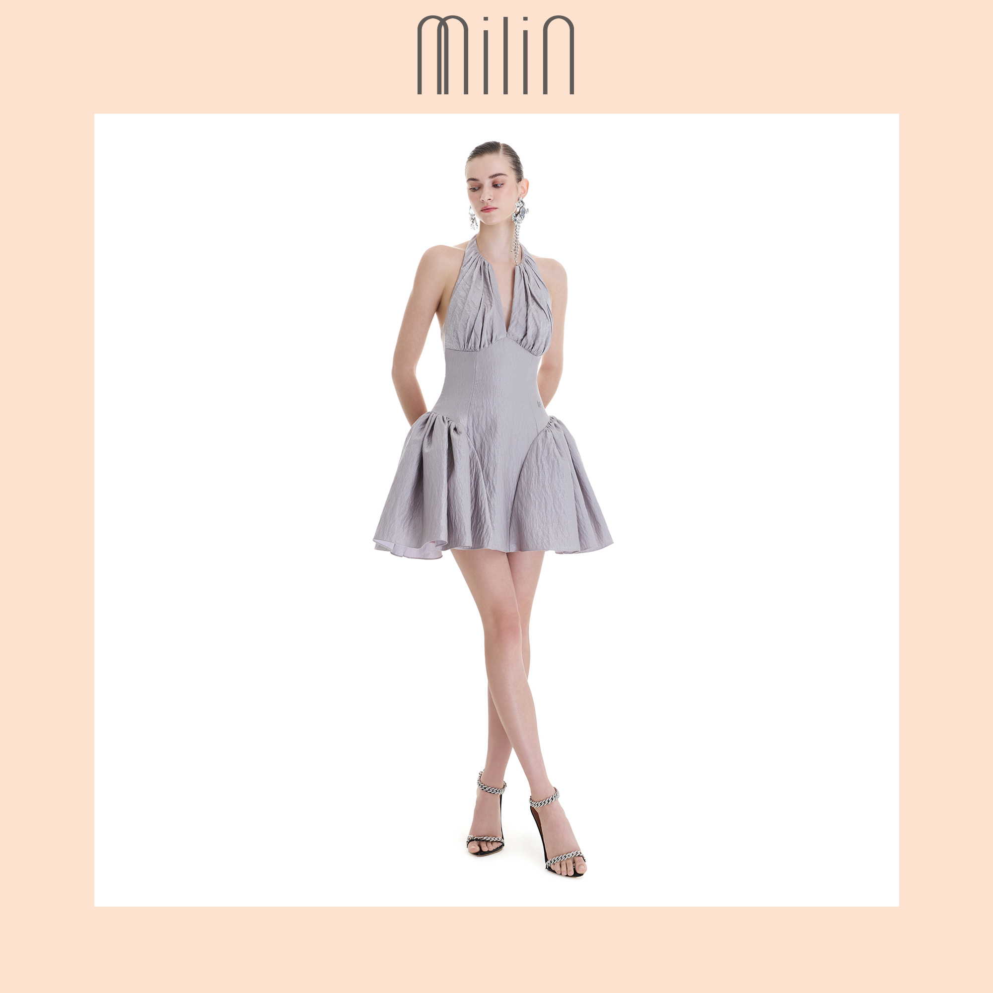 [Milin] V Neckline Halter Draped Side Peplum Mini Dress Short Sleeveless Dress with Puffy Pleats and V-Neck / Forget Me Not Dress 47 ราคา 5,556 บาท*ส่งฟรี