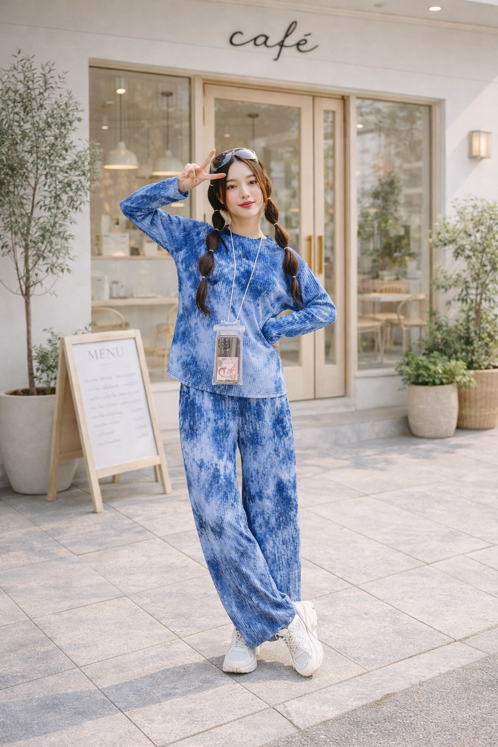 รูปสินค้า 2 Piece Set, Women's Set Pleated Fabric with Tie-Dye Pattern, Long Sleeve Shirt, Soft Fabric, Comfortable to Wear, Long
