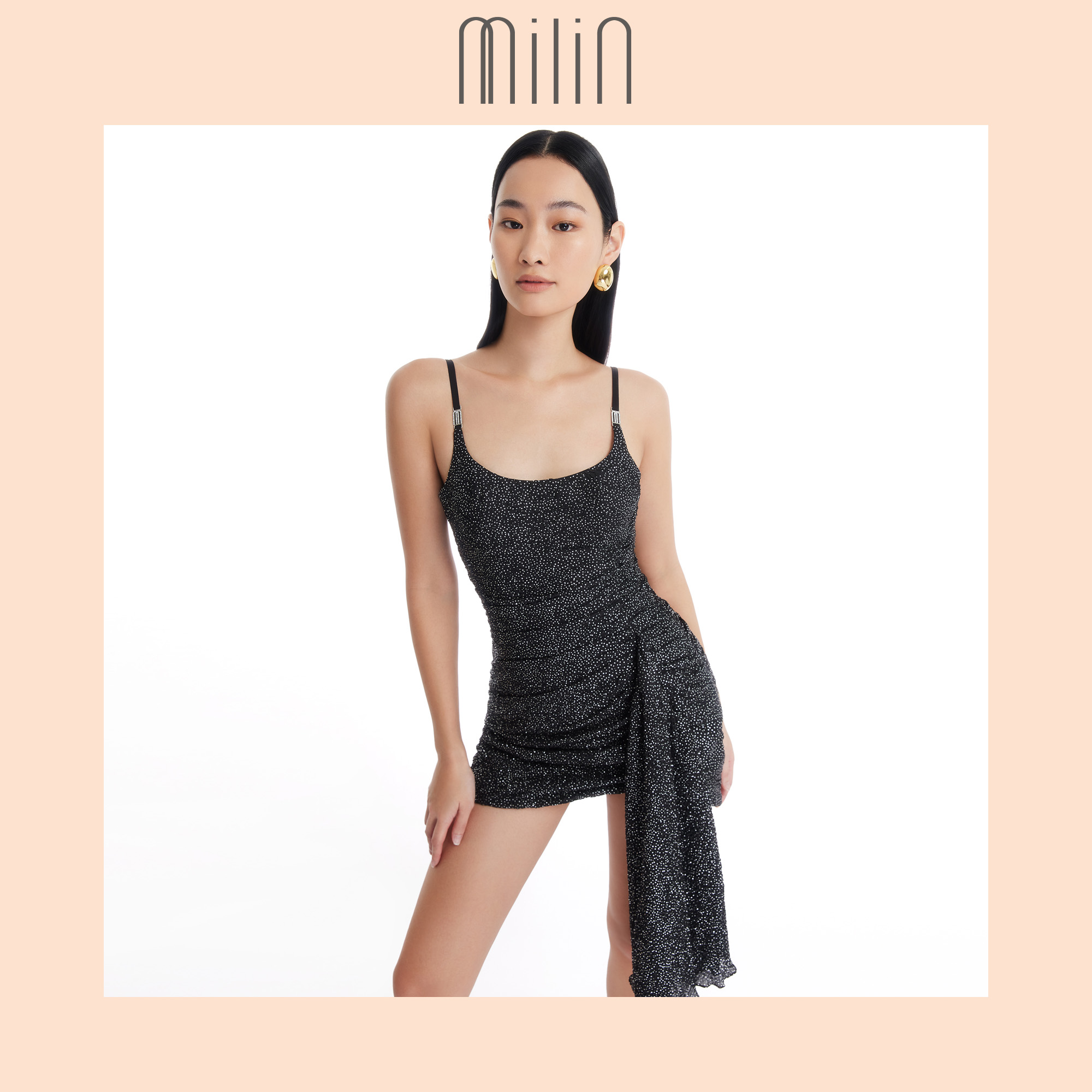 [MILIN] Body-conscious long side draped panel tiny stars print ruched mini Dress / เดรสสั้นสายปาเกตตี้แต่งรูดตกแต่งดีเทลชิ้นจับจีบยาวที่ด้านข้างพิมพ์ลายดวงดาว / Ingenious Dress 42 ราคา 5,392 บาท*ส่งฟรี