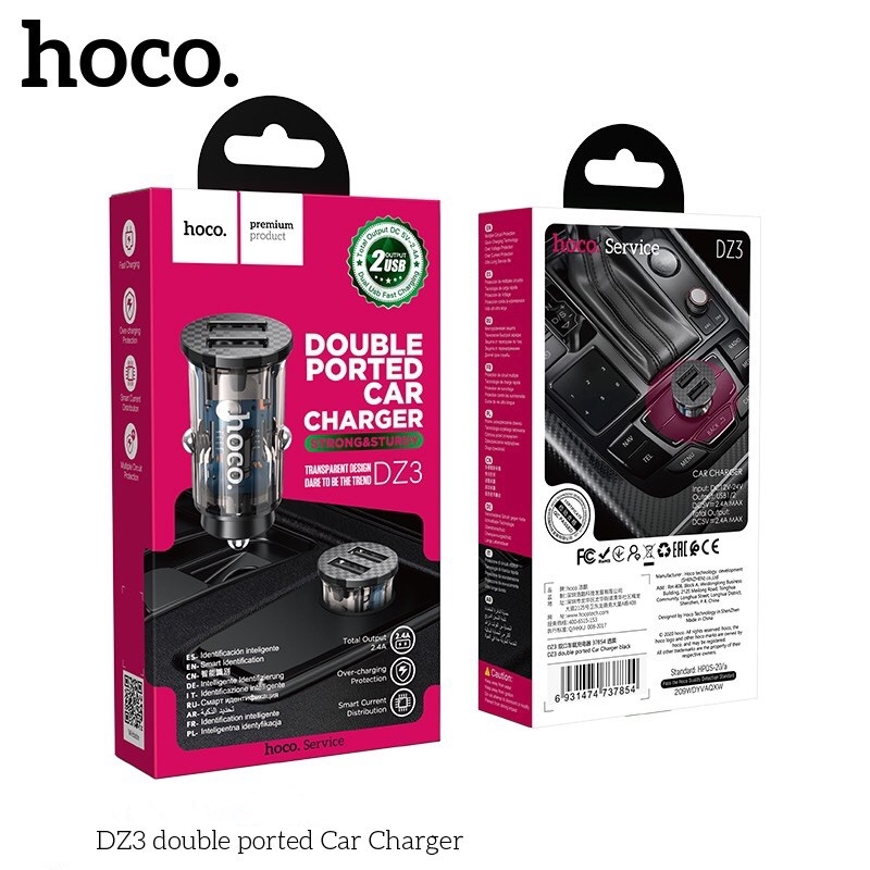 Hoco DZ3 Car Charger Set 2USB 2.4A ชุดหัวชาร์จรถ 2 USB Output 2.4A พร้อมสายชาร์จ ของแท้100%