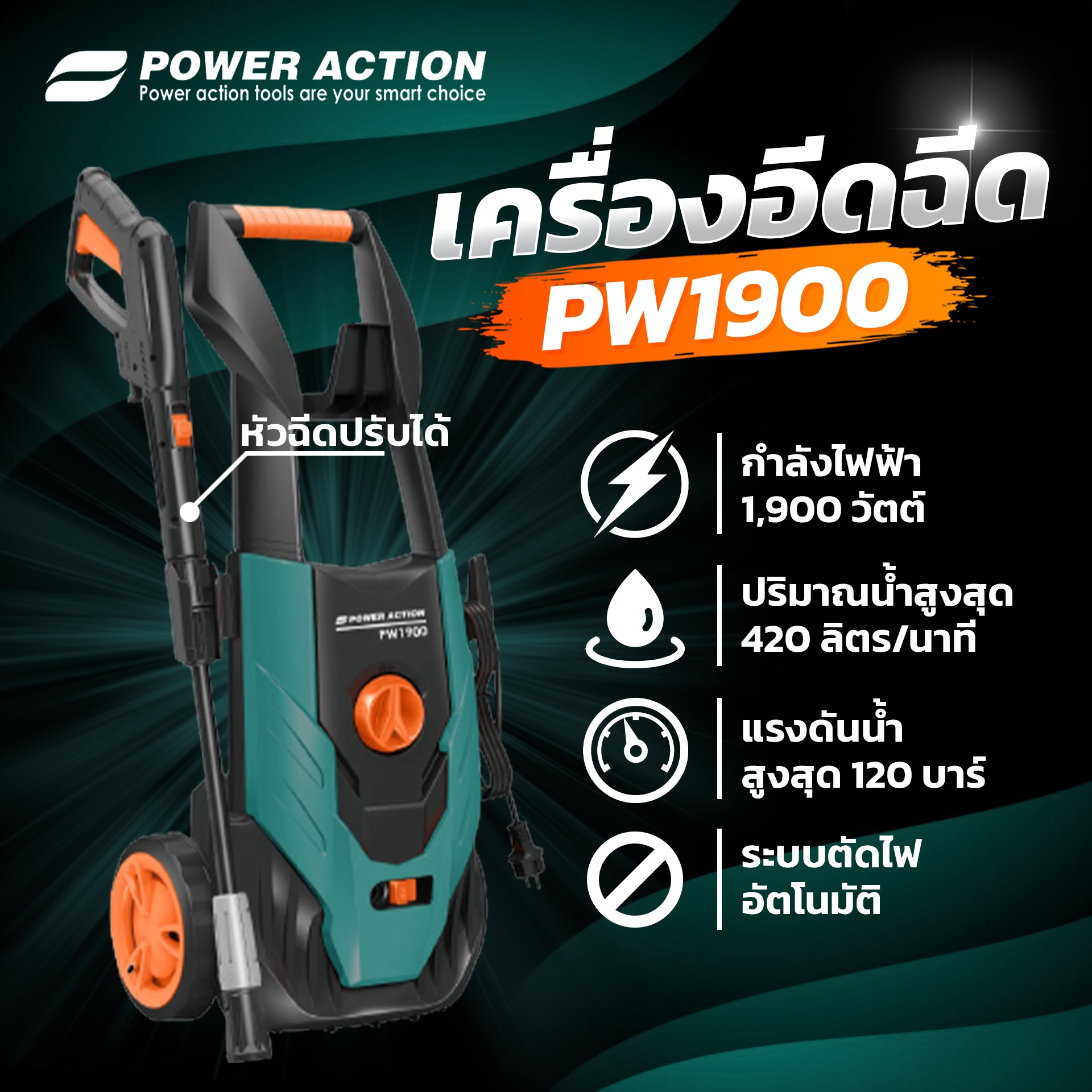 Power Action high-pressure cleaner High pressure washer 1900 watts, water sprayer 100 bar, with automatic water cut-off system, model PW1900 ราคา 3,990 บาท*ส่งฟรี