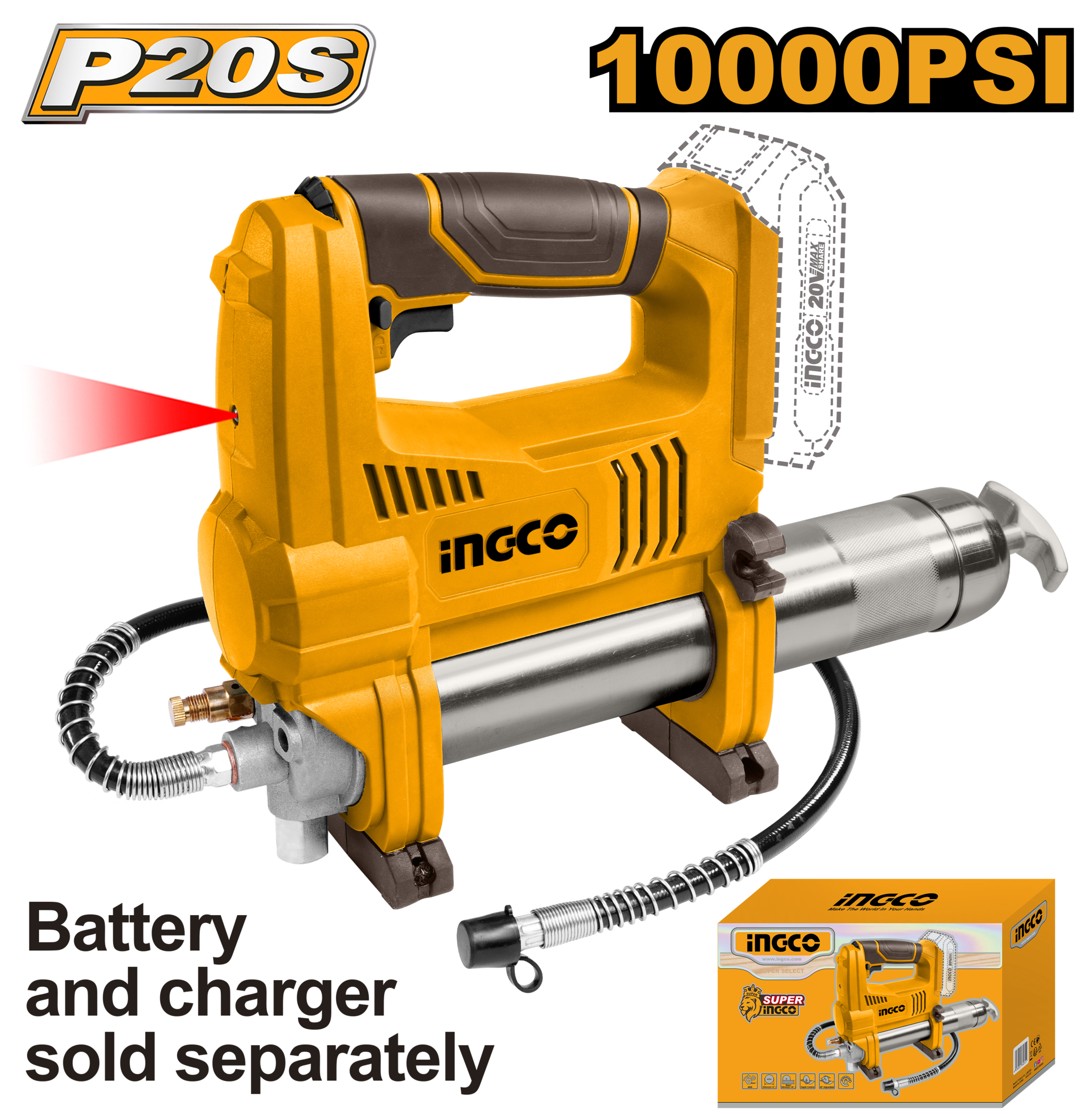 INGCO เครื่องอัดจารบีแบตเตอรี่ไร้สาย 20V รุ่น GGLI2010 (Cordless grease gun) (เครื่องเปล่า) และชุดแบตเตอร์รี่และที่ชาร์จ ราคา 3,890 บาท*ส่งฟรี