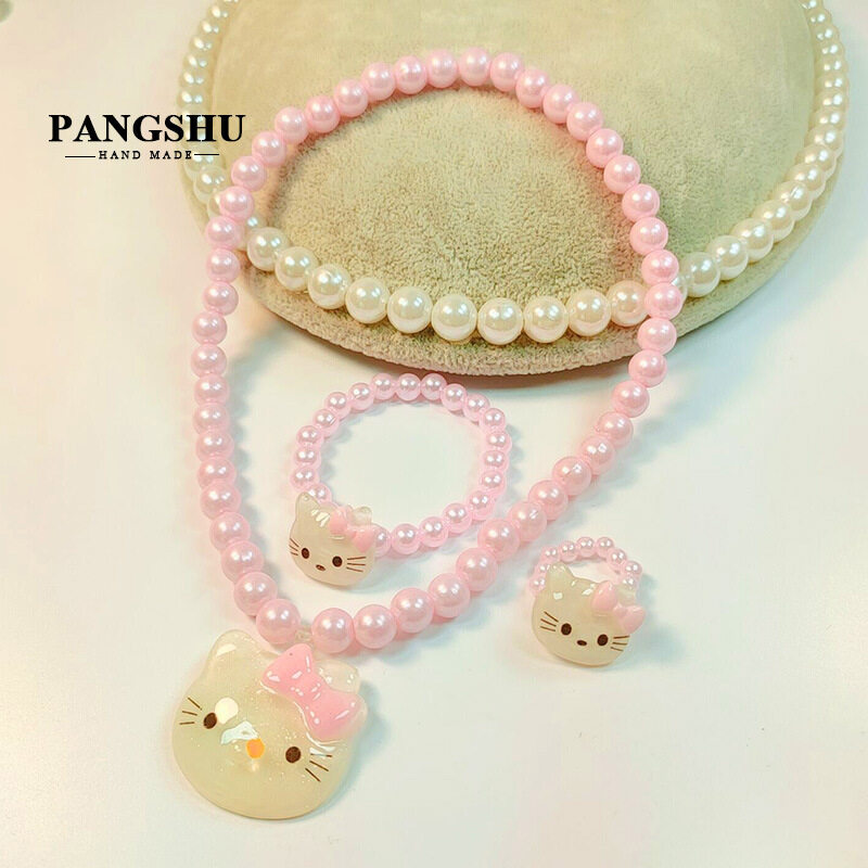 เครื่องประดับสำหรับเด็ก แมวคิตตี้ เครื่องประดับเจ้าหญิง ชุดสร้อยคอ+ สร้อยข้อมือ+แหวน ไข่มุกน่ารัก Hello Kitty necklace bracelet ring for girls Toy Jewelry  for girls