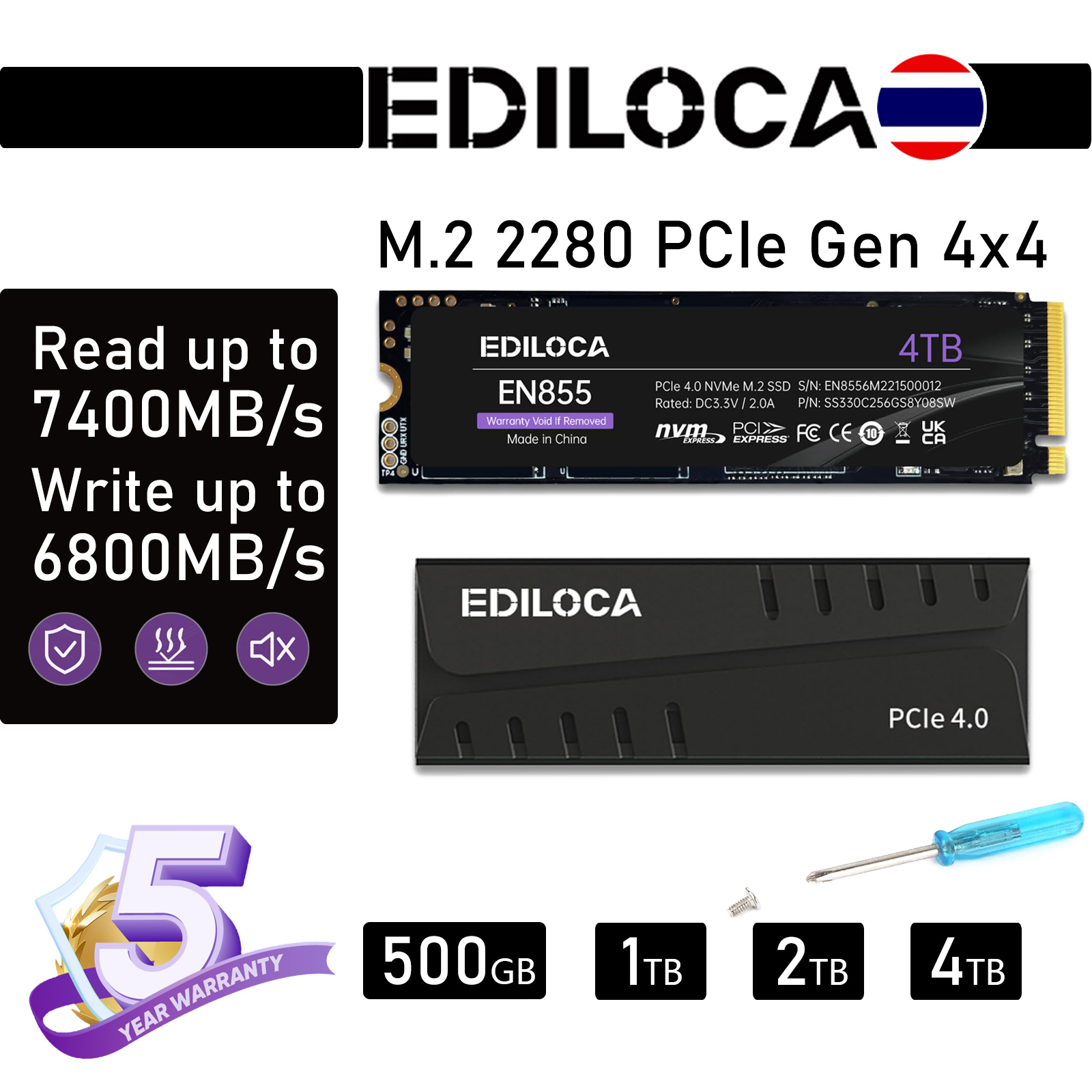 Ediloca EN855 Internal SSD with Heatsink PCIe Gen4, NVMe M.2 2280, up to 7400MB/s Read Speed, 3D NAND TLC, Configure DRAM Cache, Solid State Drive with Heatsink for PS5 and PC ราคา 5,999 บาท*ส่งฟรี