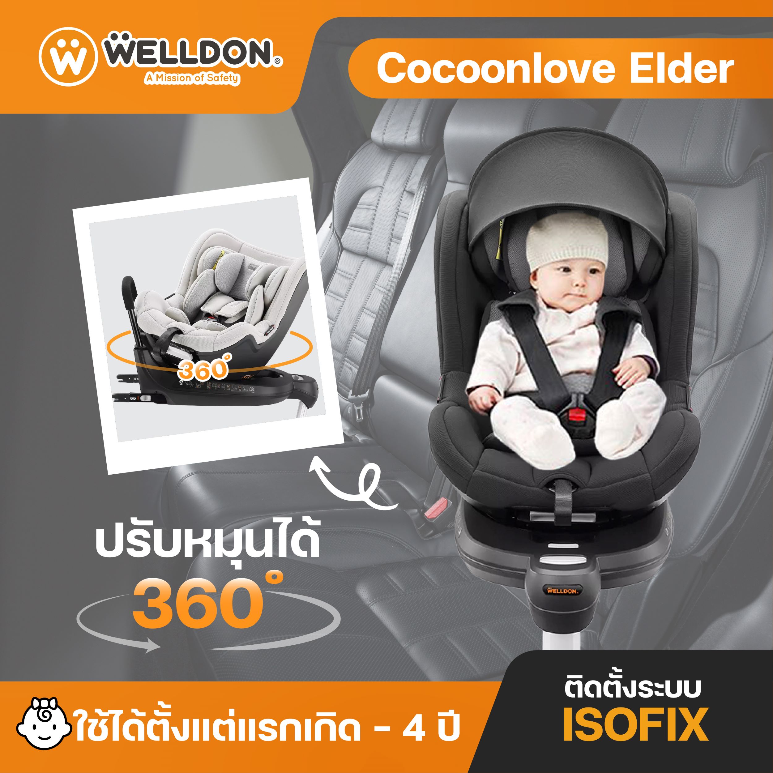 คาร์ซีท Welldon รุ่น Cocoon Elder Limited Edition ใช้ได้ตั้งแต่แรกเกิด-4 ปี หมุนได้ 360 องศา ระบบติดตั้ง ISOFIX ราคา 5,290 บาท*ส่งฟรี