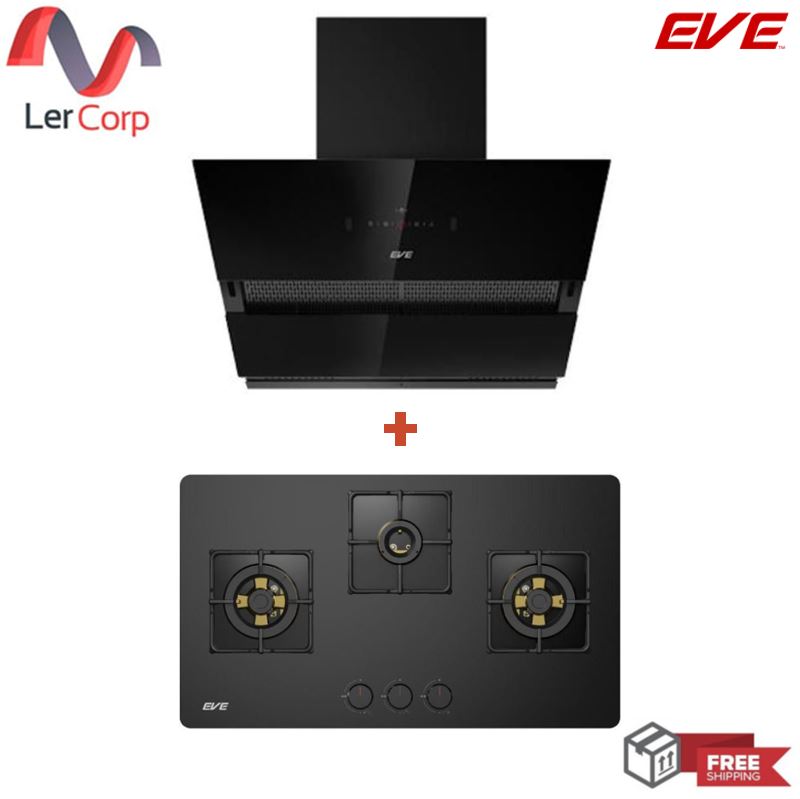 (EVE) เครื่องดูดควันติดผนัง HC-ARIA-90 + เตาแก๊ส 3 หัว แบบฝัง ฐานกระจกนิรภัย HB78-3BBTA/BG ราคา 25,590 บาท*ส่งฟรี