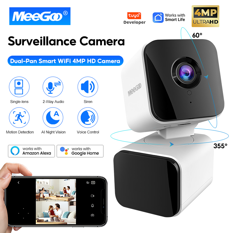 Meegoo Smart Home Security Camera, Single Lens, Dual Axis Rotation, Dual Ptz, 4Mp 1440P Clarity, Supports Tuya App, Rotates 360 Degrees. ° Wide Viewing Angle, Two-Way Conversation Sound Clearly Visible at Night. ราคา 799 บาท*ส่งฟรี