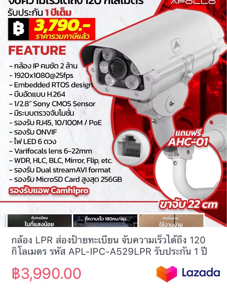 กล้อง LPR ส่องป้ายทะเบียน จับความเร็วได้ถึง 120 กิโลเมตร รหัส APL-IPC-A529LPR รับประกัน 1 ปีเต็ม ราคารวมภาษีแล้ว ราคา 4,450 บาท*ส่งฟรี