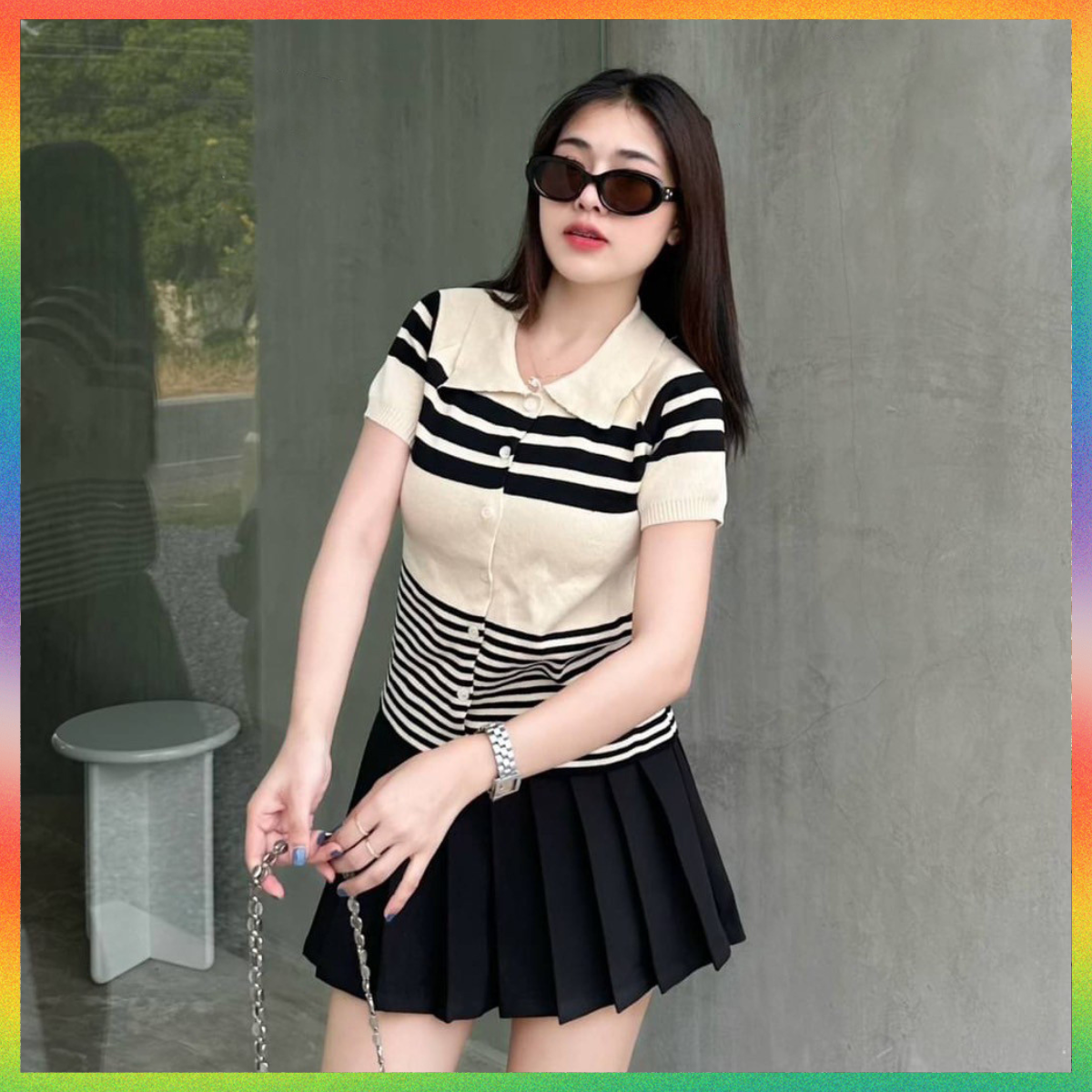 🌈MesubShop🌈เสื้อยืดคอโปโล ผ้าไหมพรมยืดเยอะ 💖 สาวอวบใส่ได้ กระดุมใช้งานได้จริง ลายทอสลับสี รุ่น ปลั๊กไฟ