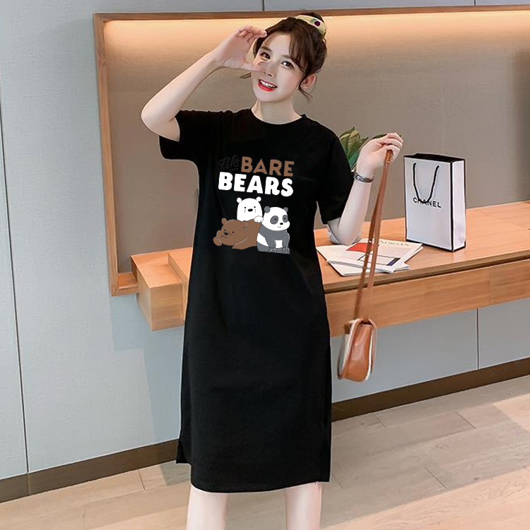 เดรสยาวเสื้อยืดแฟชั่นผู้หญิงสไตล์เกาหลี คอกลมแขนสั้น เนื้อผ้ายืดหยุ่นดี แนวหวานสดวัยรุ่นน่ารักQ04(จัดส่งโดยKerry)