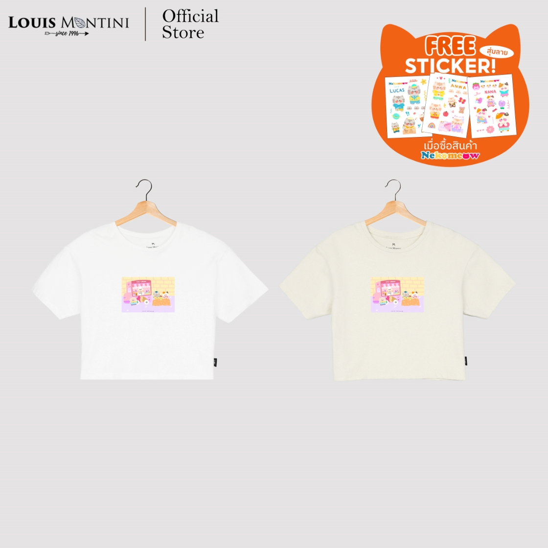 Louis Montini (Nekomeow) เสื้อครอปผู้หญิง Cotton 100% Women Crop tops (Ice-cream meow meow) LMTS07 ราคา 239 บาท*ส่งฟรี