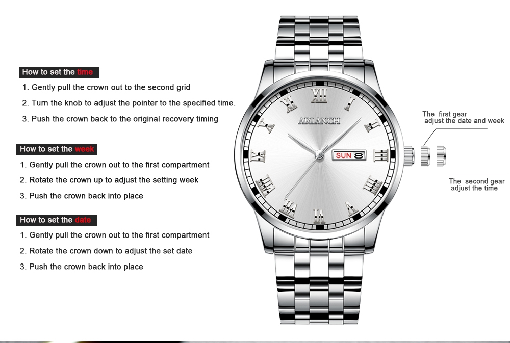 ข้อมูลเกี่ยวกับ ARLANCH นาฬิกาข้อมือ นาฬิกาชาย นาฬิกาข้อมือธุรกิจ การเคลื่อนไหว ของญี่ปุ่น นาฬิกาควอตซ์ สายสแตนเลส กันน้ำ พร้อมปฏิทิน จัดส่งกรุงเทพ