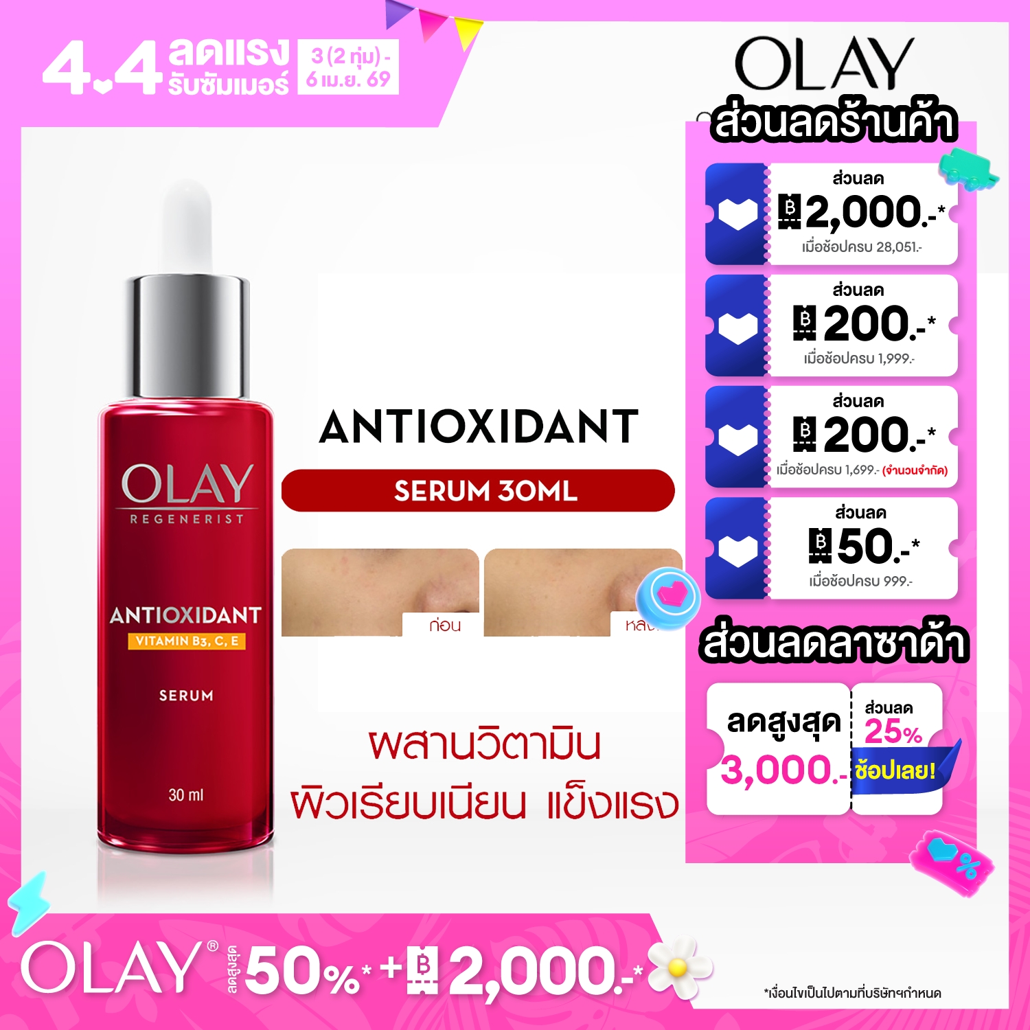 โอเลย์ รีเจนเนอรีส แอนตี้ออกซิแดนท์ Vitamin B3 C E เซรั่ม 30 มล. ไนอะซินาไมด์ ลดเลือนริ้วรอย สกินแคร์ Olay Regenerist Antioxidant Vitamin B3 C E Serum 30ML
