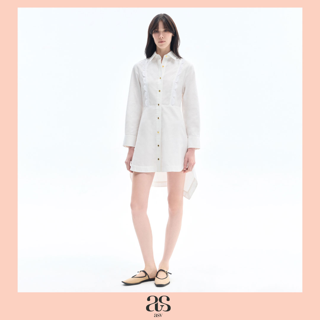 [Asv Ss26] Skylar Shirt Dress, Women's Shirt Dress Inserted with Lace Details Around the Chest. the Back Is Decorated with Peplum Details, Sewn with a Short Front and Long Back Style. ราคา 9,990 บาท*ส่งฟรี