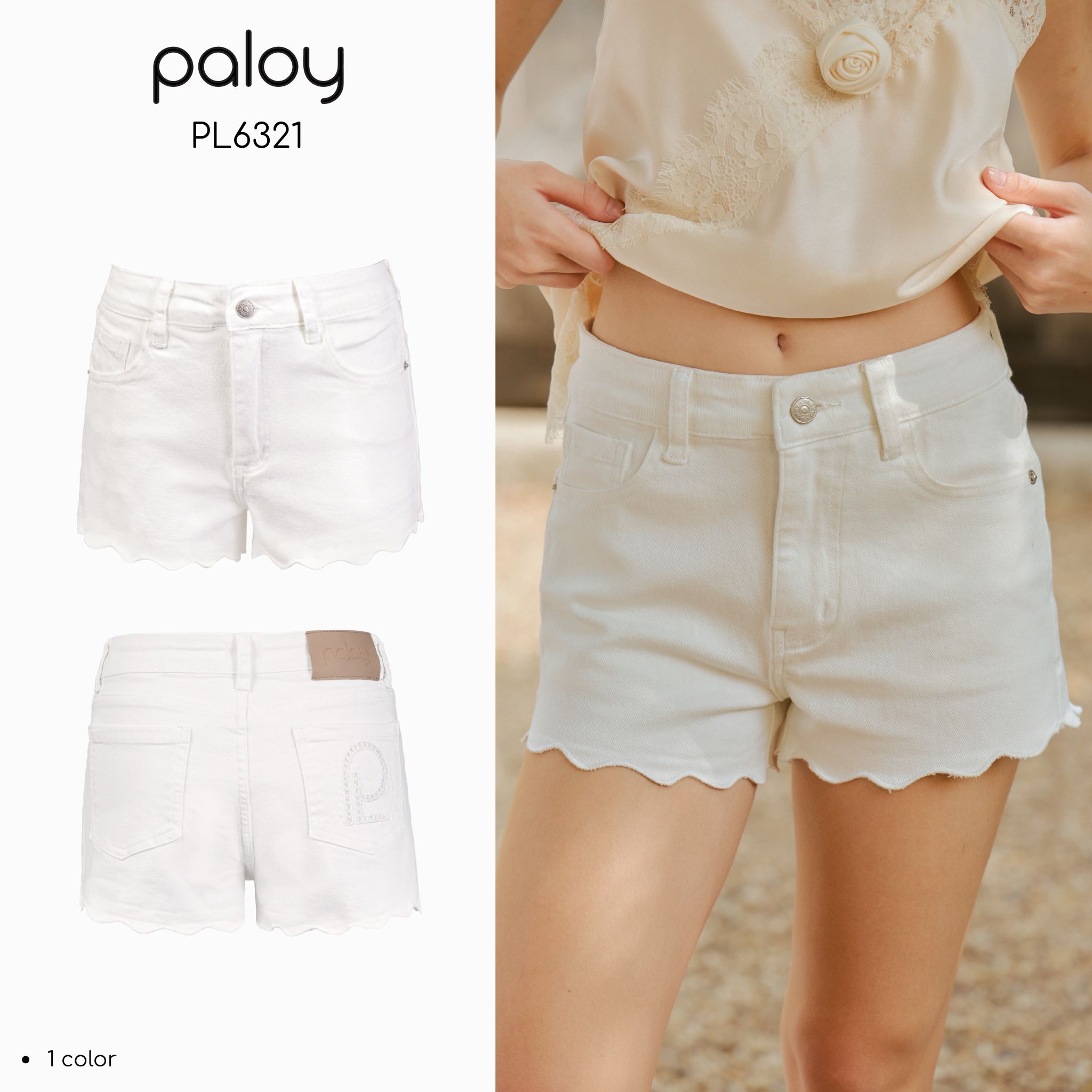 Paloy - Pl6321 Sunday Shorts, Stretch Denim Shorts, Embroidered Zigzag Hem, Back Pockets Embroidered with Logo. ราคา 650 บาท*ส่งฟรี