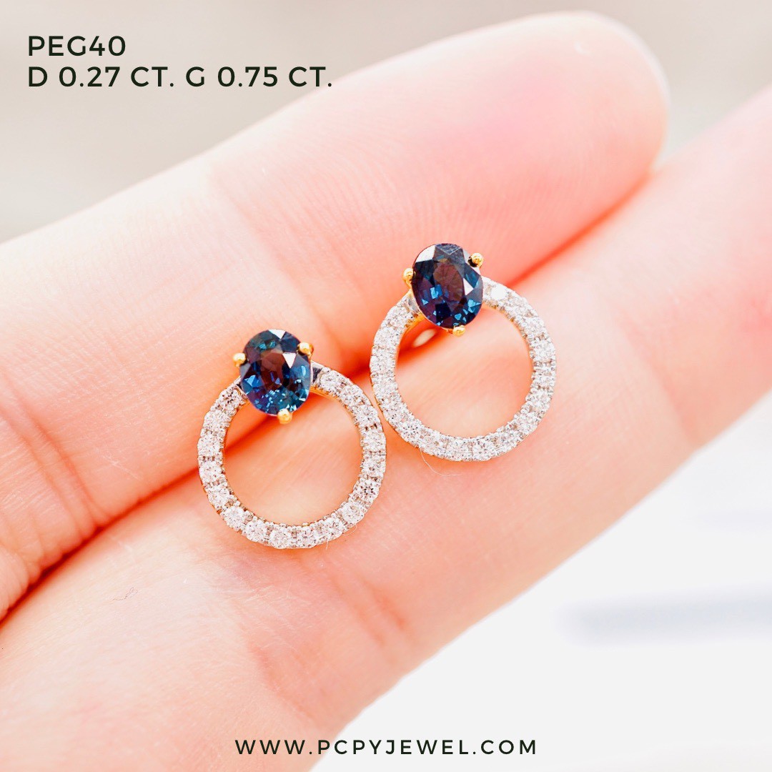 [Pcpy Jewelry] Genuine Sapphire and Diamond Earrings 💎 Genuine 9K Gold (37.5% Gold) 100% Genuine Diamonds, Belgian Cut [9Kpeg40] ราคา 28,990 บาท*ส่งฟรี