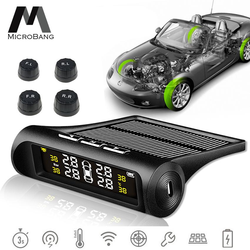 MicroBang ระบบตรวจสอบแรงดันลมยาง Tyre Pressure Monitoring System Solar TPMS Car Tyre Pressure Alarm System with LCD Display 4 External Sensors USB Charging Suitable For Commercial Car Jeep Off-road Vehicle Minibus And Sedan Car