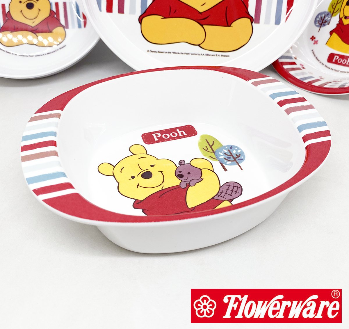 [ขายแยกชิ้น] จานข้าวเด็ก ช้อนส้อมเด็ก ถาดหลุม แก้วน้ำเมลามีน Disney POOH Woodlands หมีพูห์ ยี่ห้อฟลาวเวอร์แวร์ / 1 ชิ้น