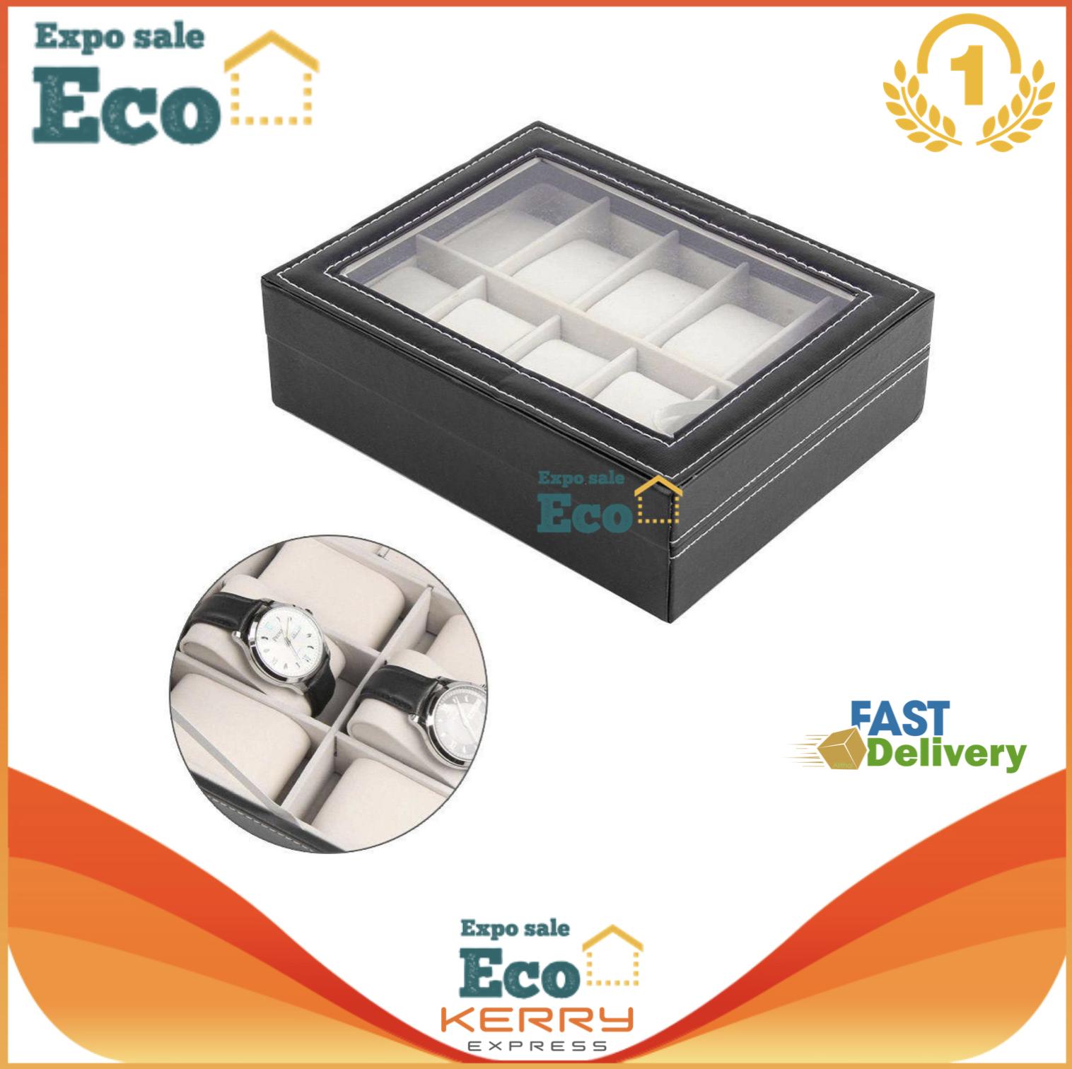 รูปภาพของ Eco Home กล่องนาฬิกา กล่องเก็บนาฬิกาข้อมือ กล่องใส่นาฬิกา 10 เรือน ฝากระจก กล่องใส่เครื่องประดับ Leather Watch Box (Black)