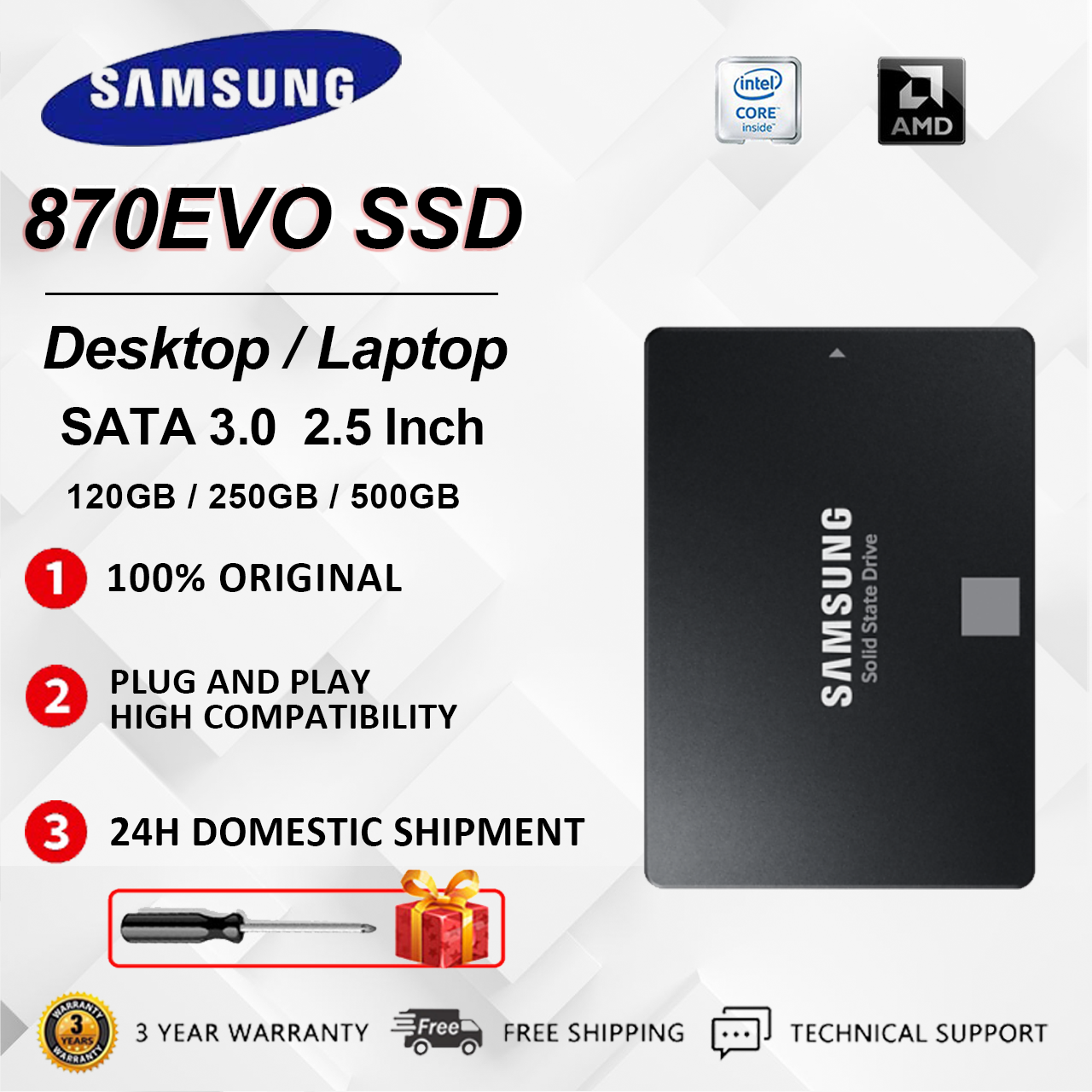 【ส่ง 24 ชั่วโมง】Samsung 870 EVO 120GB 250GB 500GB SSD SATA3 2.5" For laptop เดสก์ท็อปและแล็ปท็อป ราคา 770 บาท*ส่งฟรี